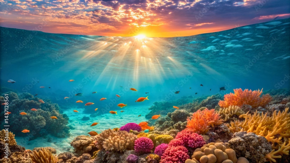 Obraz premium Vibrant Coral Reef and Sunset over Calm Ocean Waters with Underwater Life