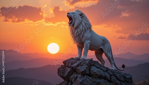 A magnificent white lion roaring ferociously as the sun sets behind it stands atop a rocky crag. The sunset's shades of orange and purplean