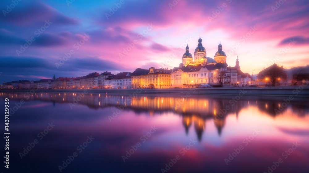 Fototapeta premium Stunning sunset over reflective tower, vibrant colors illuminating architecture, serene atmosphere, perfect for tranquil themes.