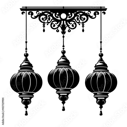 round shape hanging lamp  silhouette black color vector isolated white background 