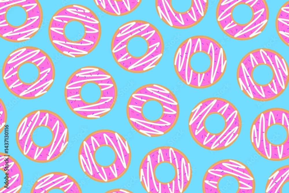 Seamless pattern with cute hand drawn pink donuts on bright blue background vector illustration. Design for pirnt, wallpaper, textile, wrapping paper, fabric, decoration, etc. Seamless pattern with cute hand drawn pink donuts on bright blue background vector illustration. Design for pirnt, wallpaper, textile, wrapping paper, fabric, decoration, etc.