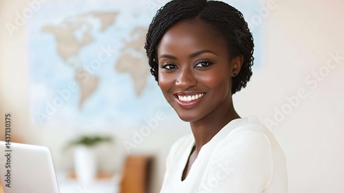 Smiling woman working laptop, world map office