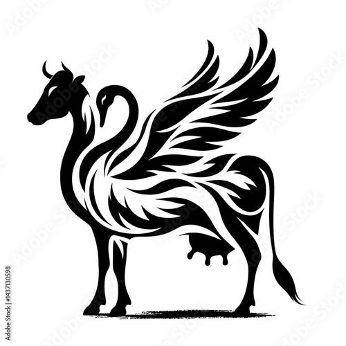 Silhouette of a cow fused with a swan, black on white background 