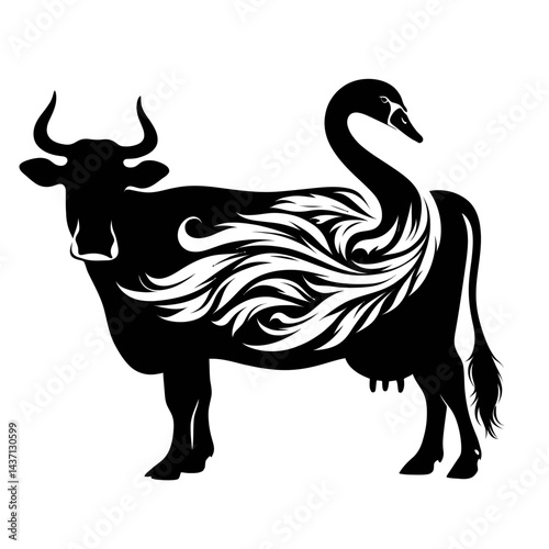 Silhouette of a cow fused with a swan, black on white background 