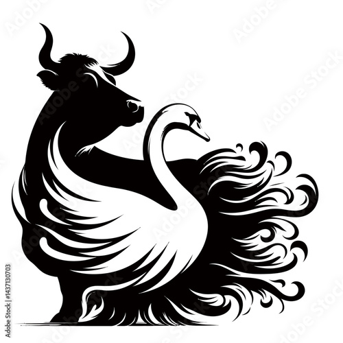 Silhouette of a cow fused with a swan, black on white background 