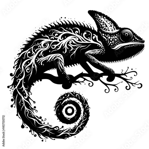 Silhouette of a chameleon fused with a seahorse, black on white background 