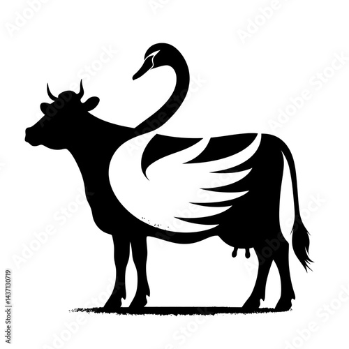 Silhouette of a cow fused with a swan, black on white background 