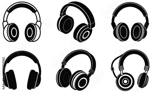 Studio Headphones Vector Silhouette Collection: Audio Equipment Icons