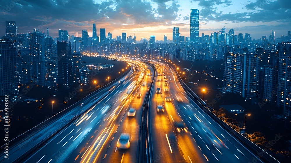 Fototapeta premium City highway at sunset with traffic.