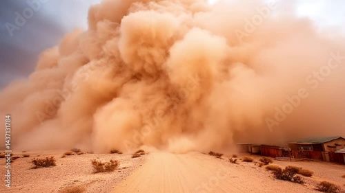 Massive sandstorm slowly advancing toward desert village. Static camera. 4K.
