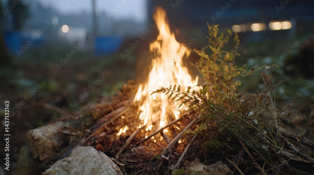 Campfire Flames Burning Brightly at Dusk Campfire Flames Burning Brightly at Dusk