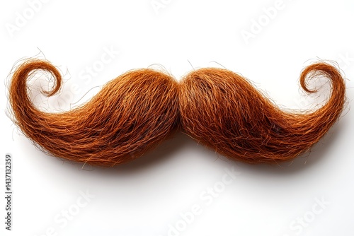 A vibrant auburn handlebar mustache, curled at the ends, isolated on white