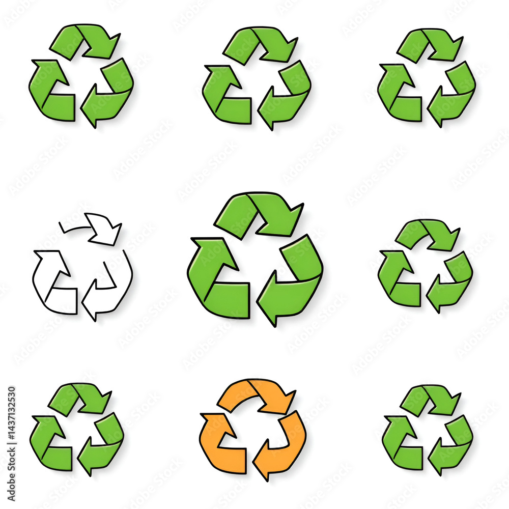 Obraz premium Collection of recycling and rotation arrow symbols. Recycle icons. Recycling arrows. Green icons for packaging, recycling. Ecology, environmentally friendly, environmental management symbols.