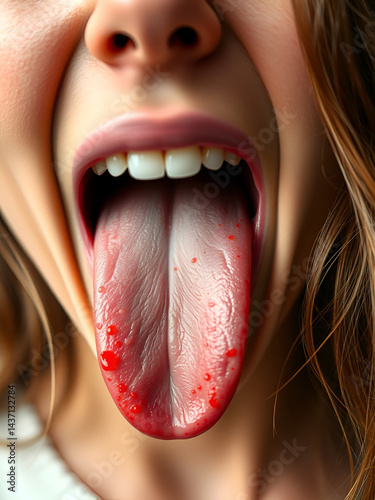Woman with a disease and redness of the tongue. Glossitis and gingivitis disease concept, copy space
