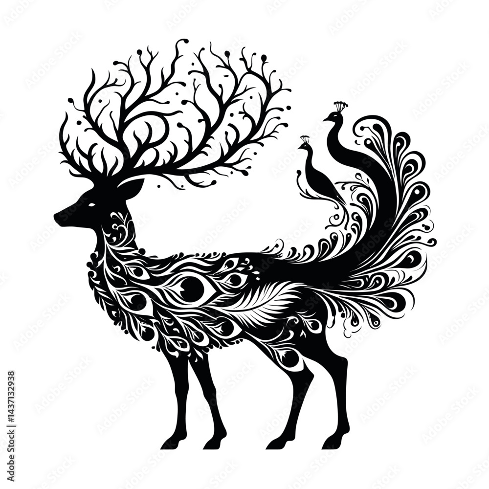 Fototapeta premium Silhouette of a deer fused with a peacock, black on white background 