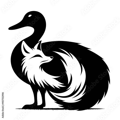 Silhouette of a duck combined with a fox, black on white background 