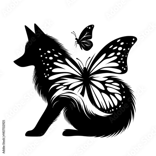 silhouette of a fox merged with a butterfly, black on white background 