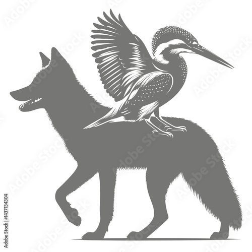 silhouette of a jackal combined with a kingfisher, black on white background