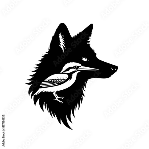 silhouette of a jackal combined with a kingfisher, black on white background