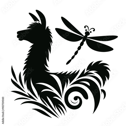 Silhouette of a llama combined with a dragonfly, black on white background 