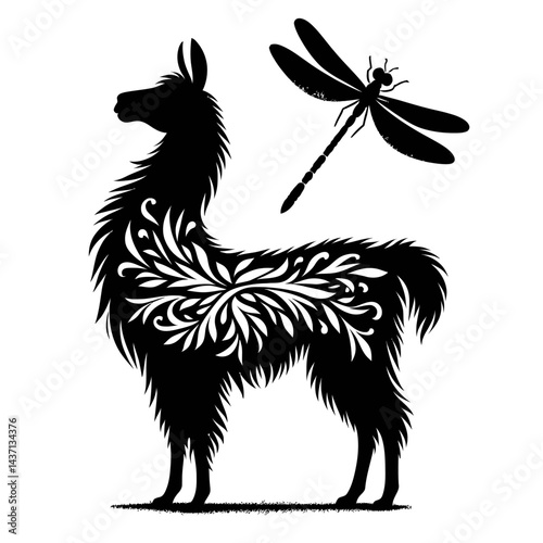 Silhouette of a llama combined with a dragonfly, black on white background