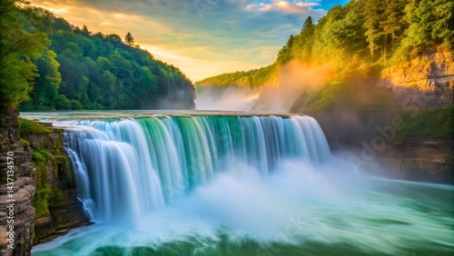 Stunning Waterfall Cascading Through Lush Green Forest Under Vibrant Sunset Sky