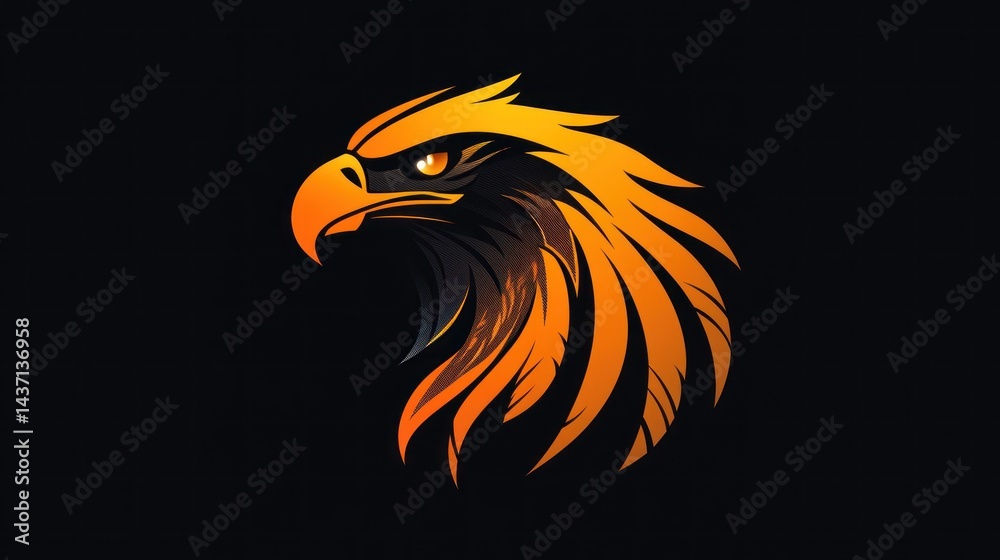 Fototapeta premium Fiery eagle head profile, dark background, logo design