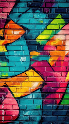 Vibrant graffiti mural on brick wall, urban-style high-definition wallpaper for street art lovers and edgy phone displays