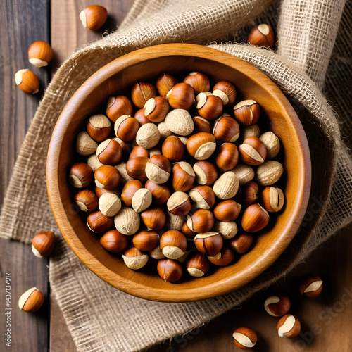 wooden bowl filled with hazelnuts on burlap.