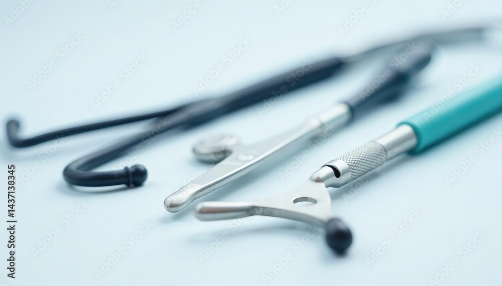 Close-up of veterinary instruments on white background, sterile setting, white, animal health Close-up of veterinary instruments on white background, sterile setting, white, animal health