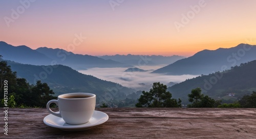 Coffee Cup with Mountain View at Sunrise Perfect for Morning Enjoyment