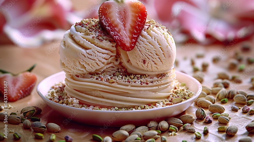 Fototapeta premium A stack of three scoops of ice cream: vanilla, strawberry, and pistachio. HD 8K wallpaper Photographic Image