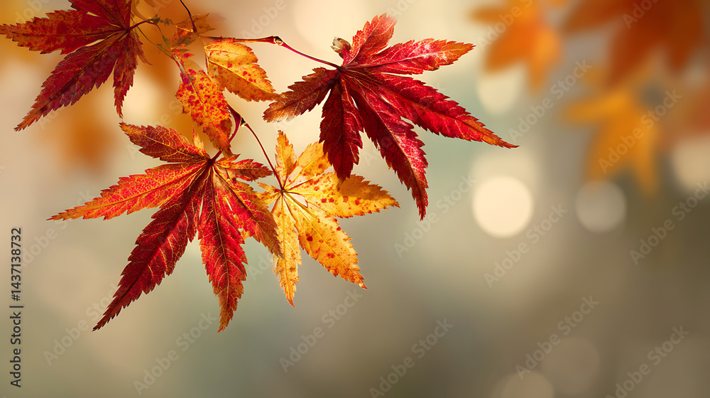 Vibrant autumn leaves in shades of red and yellow against a soft blurred background Vibrant autumn leaves in shades of red and yellow against a soft blurred background