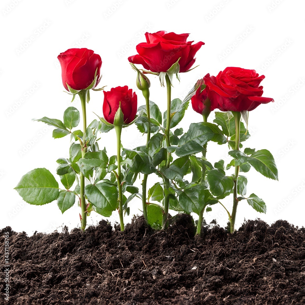 Red roses growing from soil against a white backdrop isolated on white background Red roses growing from soil against a white backdrop isolated on white background