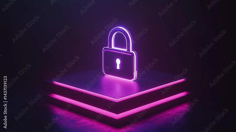Glowing Padlock Illustration on a Platform with Neon Pink Lighting Glowing Padlock Illustration on a Platform with Neon Pink Lighting