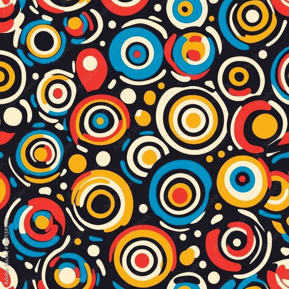 Memphis geometric seamless pattern. Multicolor abstract background in retro 80s, 90s style with various shapes: circles Memphis geometric seamless pattern. Multicolor abstract background in retro 80s, 90s style with various shapes: circles