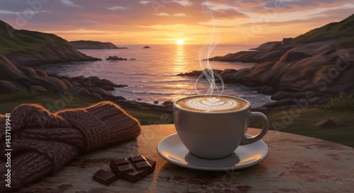 Enjoying Coffee at Sunset by the Coast with Chocolate and Scarf