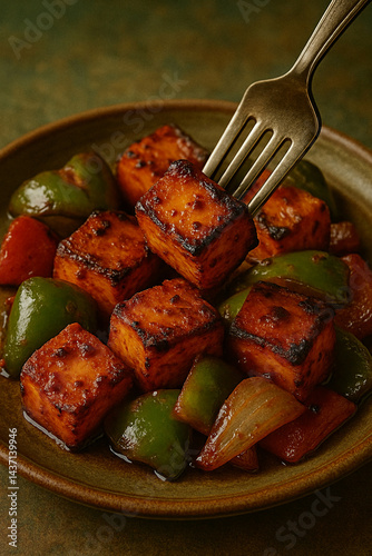 Charred paneer tikka cubes on a plate, with a shiny fork piercing through a juicy, spice-coated piece, with roasted vegetables scattered around
