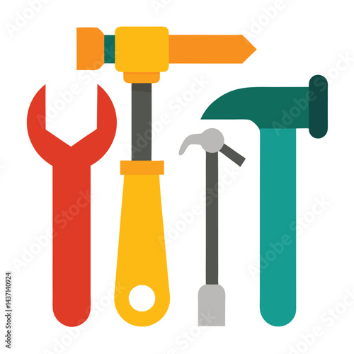 A 3D vector icon set features metal work tools like a hammer, screwdriver, and wrench for construction and repair