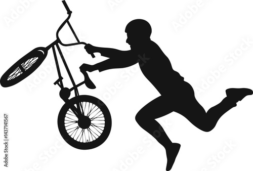 Freestyle Bmx Silhouette on White Background. Flat Vector Illustration