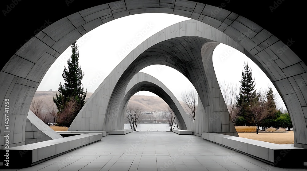 Fototapeta premium Modern Architectural Design Serene Concrete Archway Landscape with Trees and Distant Hills