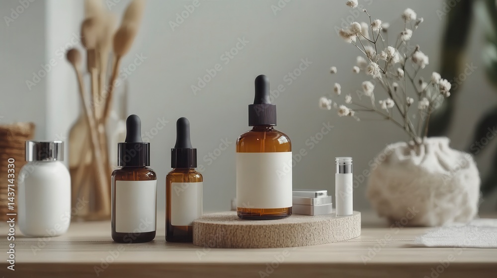 Amber glass bottles with blank labels on wooden surface, minimalist aesthetic. Amber glass bottles with blank labels on wooden surface, minimalist aesthetic.