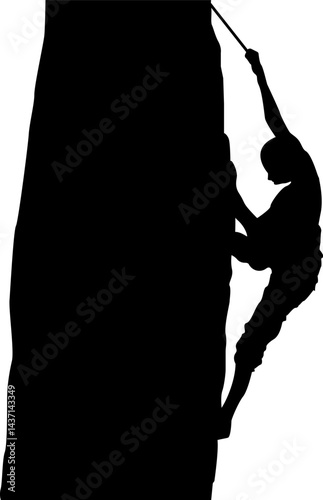 Rock Climber Silhouette on a Steep Vertical Wall Using Safety Rope