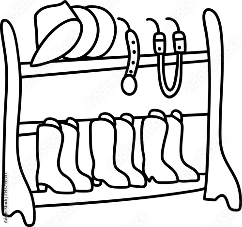 Cowboy boots neatly arranged on rack with hat and accessories above, showcasing rustic style