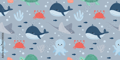 Seamless pattern with marine animals