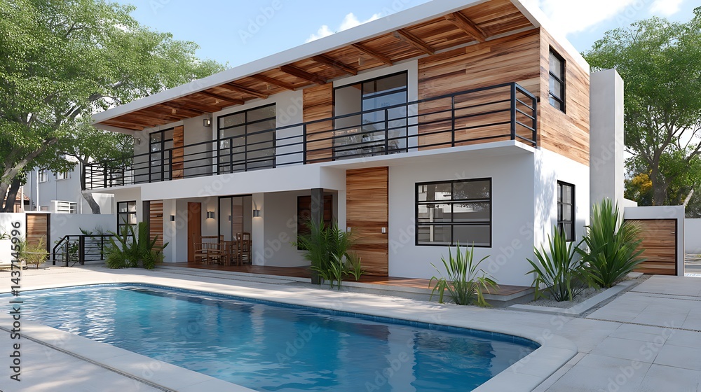 custom made wallpaper toronto digitalModern Two Story House with Pool Wooden Accents and Tropical Landscaping