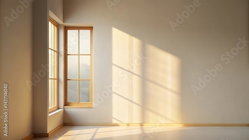 Empty room with sunlight streaming through a window illuminating a neutral wall