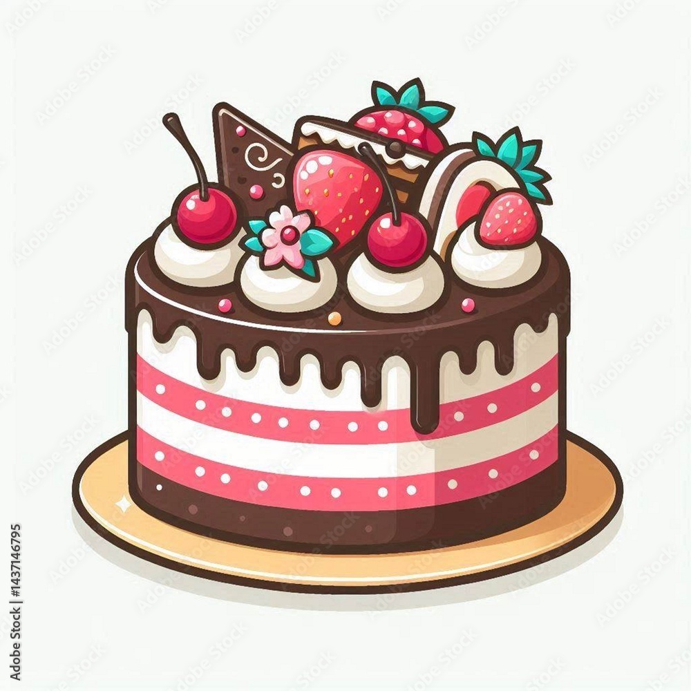A delicious cake adorned with strawberries cherries and chocolate drizzles A delicious cake adorned with strawberries cherries and chocolate drizzles