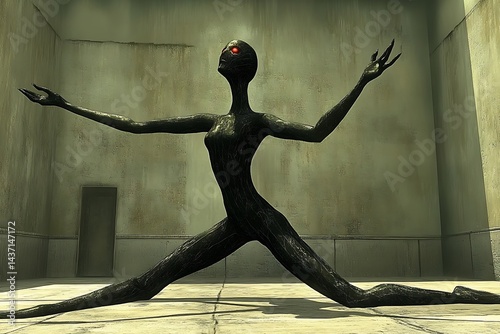 Dark, slender humanoid figure with red eyes, posed in a desolate room