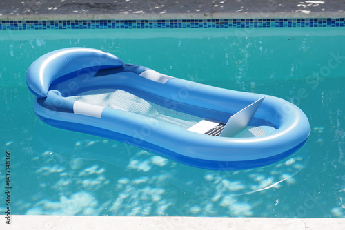 Computer laptop floating on air mattress in swimming pool.